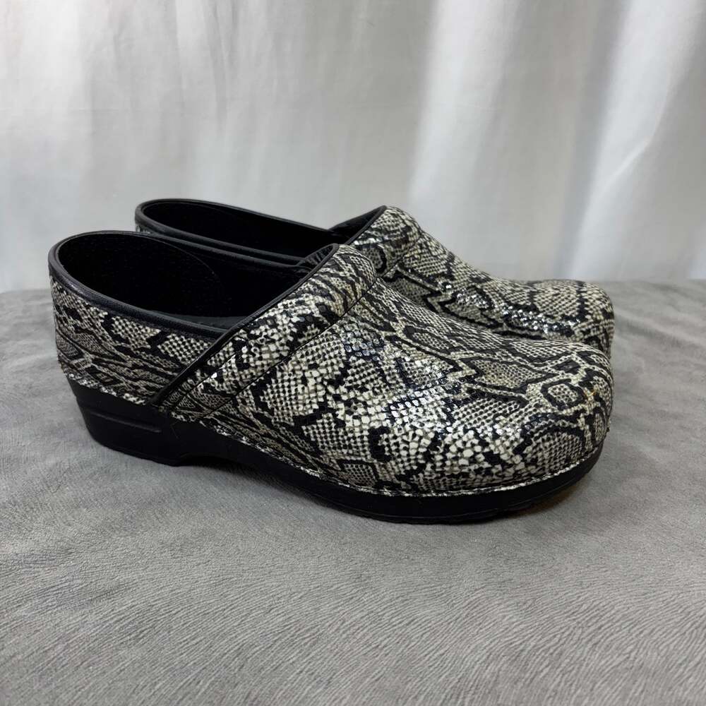Sanita Leather Clogs EU 42 Black & White Faux Snakeskin Closed Heel Work Casual
